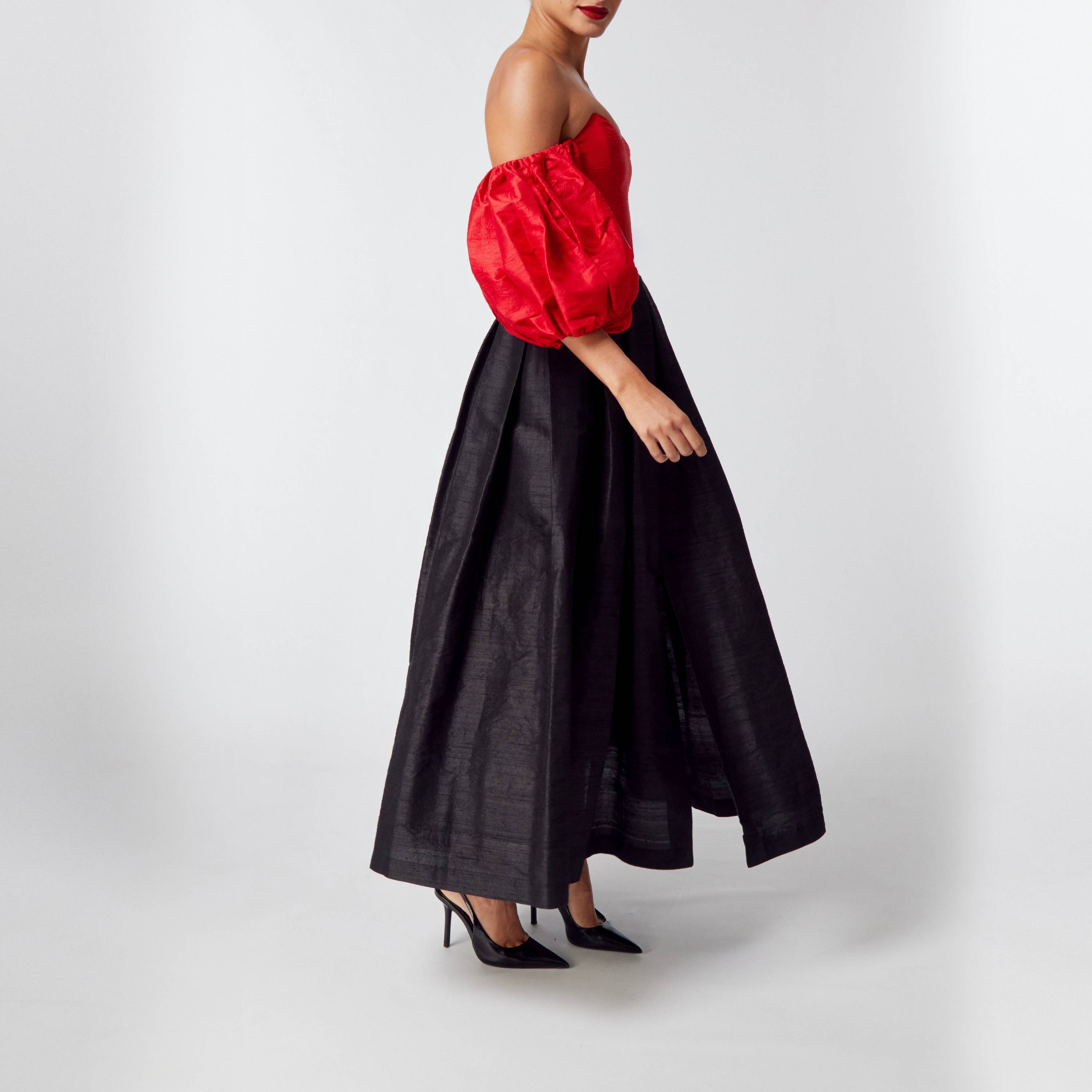 Black Dupion Pleated Skirt
