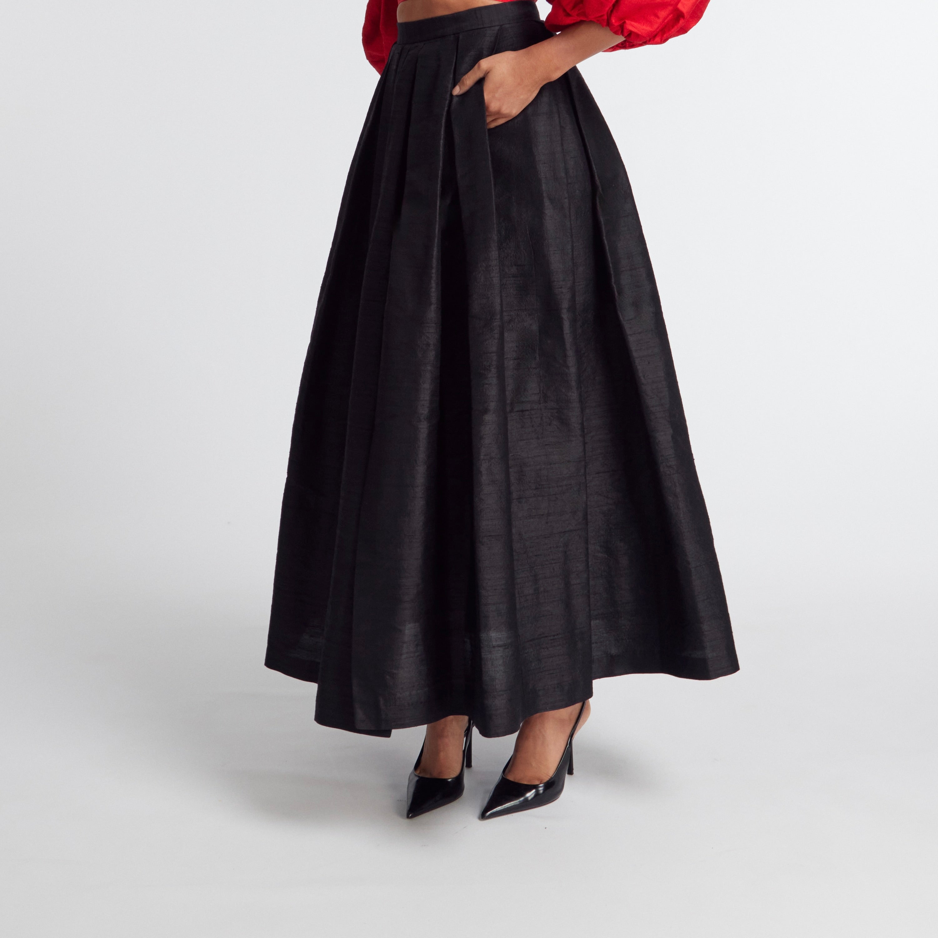 Black Dupion Pleated Skirt